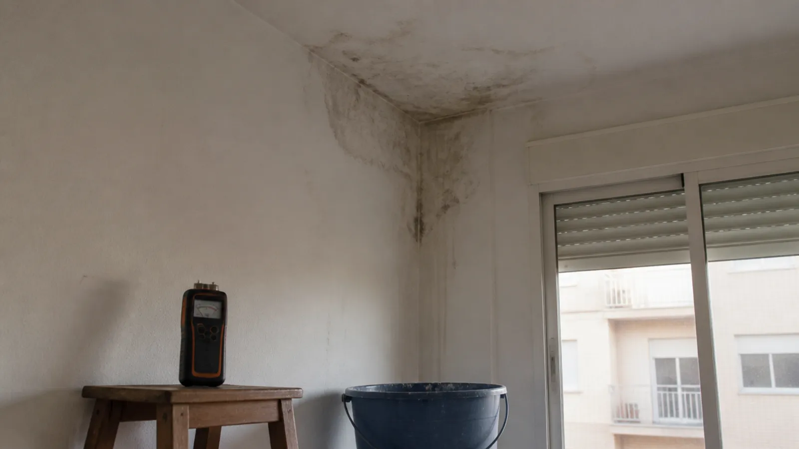 Mancha de humedad en un techo y cubo recogiendo goteos durante la localización de una fuga de agua en La Manga