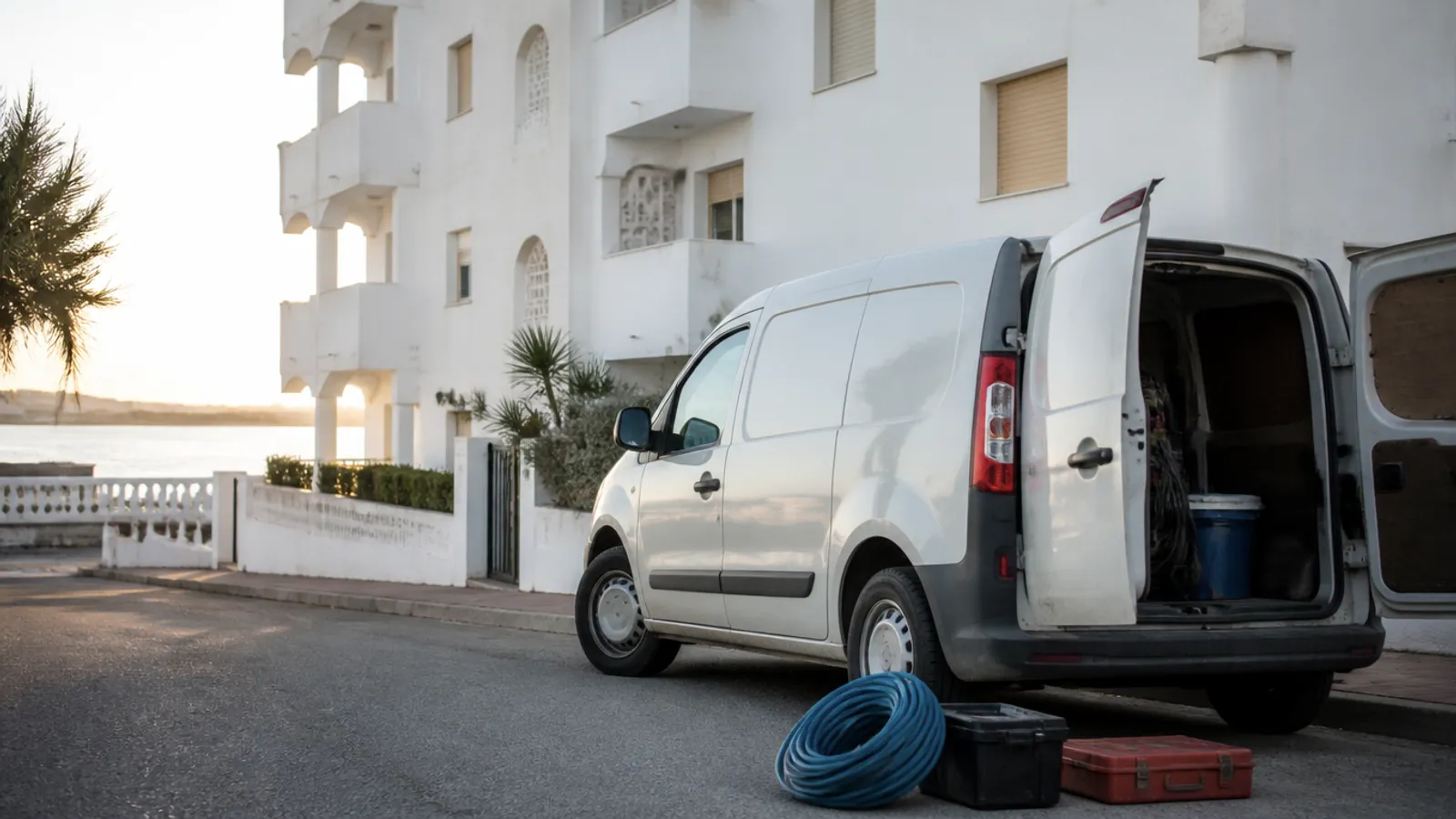 Furgoneta de fontanero sin rotular junto a un bloque de apartamentos en la costa de La Manga