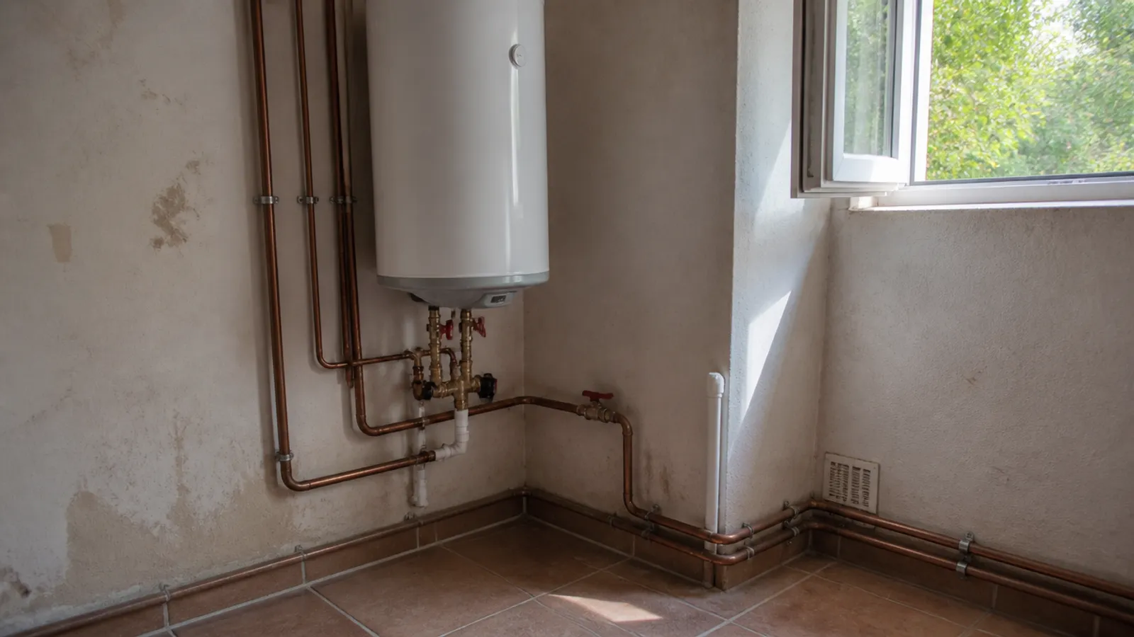 Termo eléctrico instalado en un cuarto de instalaciones con tuberías de cobre y llaves de corte, La Manga